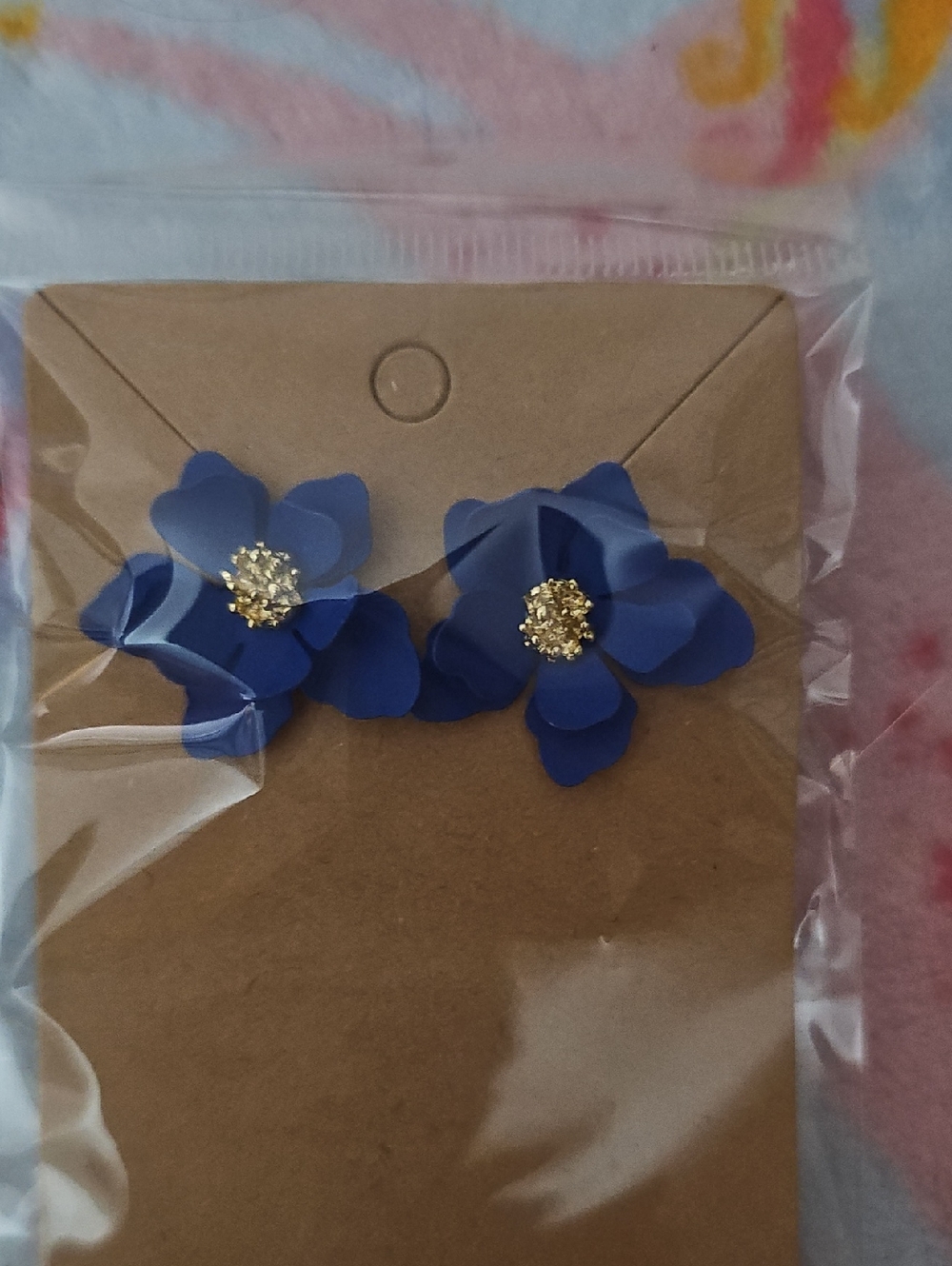 Blue Floral Petal Stud Earrings with Gold Center - Women Jewelry - Picture 1 of 3